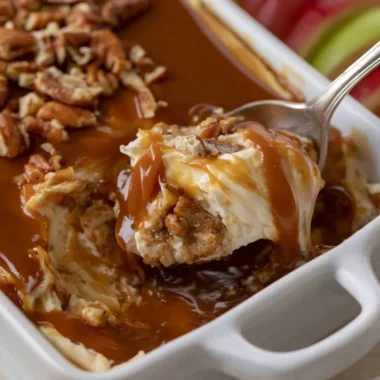 Delicious caramel apple cheesecake dip served in a bowl with apple slices