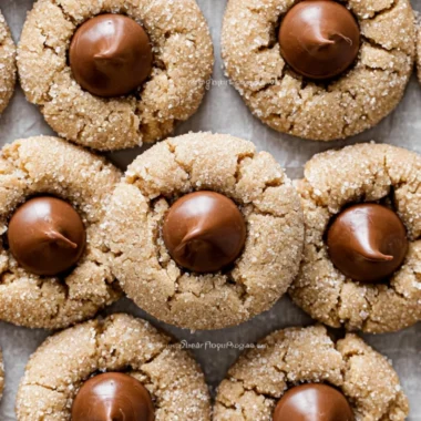 Classic Peanut Butter Blossoms cookies with chocolate kisses on top