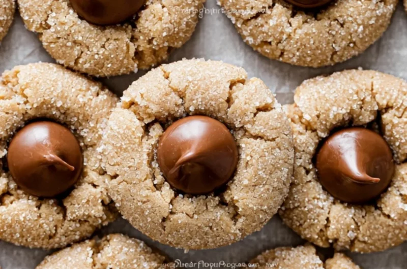 Classic Peanut Butter Blossoms cookies with chocolate kisses on top