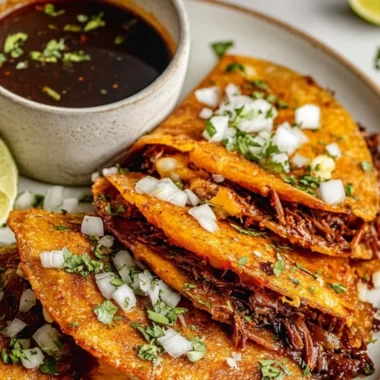 Delicious birria tacos with savory beef and flavorful broth.
