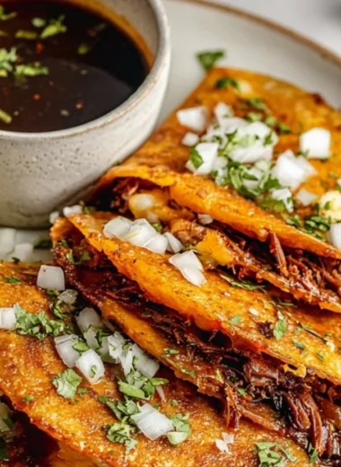 Delicious birria tacos with savory beef and flavorful broth.