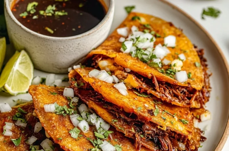 Delicious birria tacos with savory beef and flavorful broth.