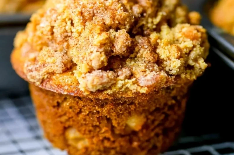 Freshly baked apple cinnamon muffins on a wooden table