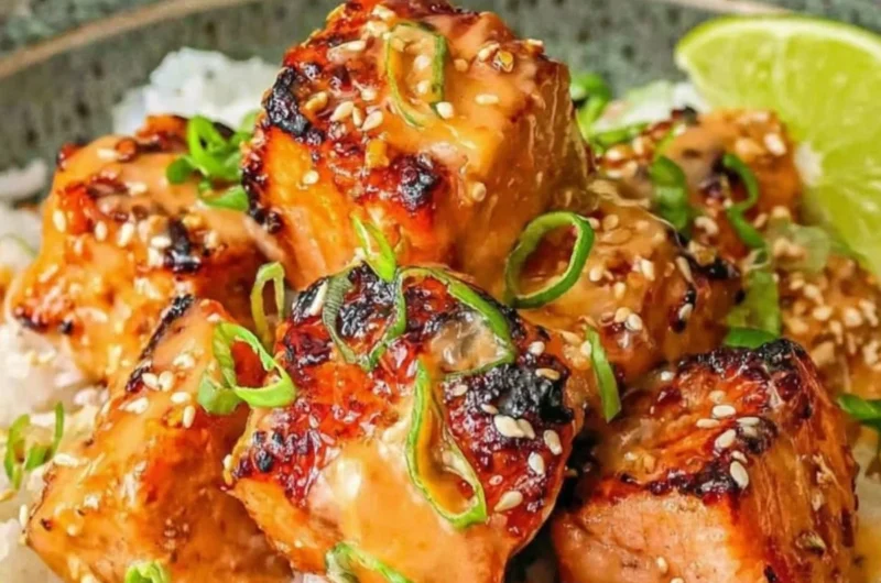 Delicious cozy Bang Bang Salmon served with a creamy sauce and vibrant vegetables.