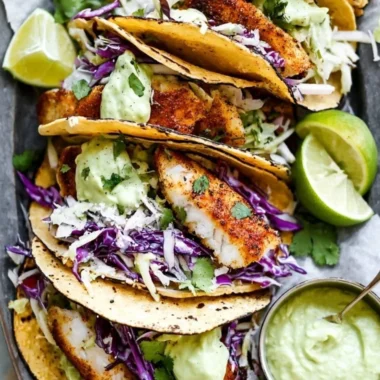 Delicious blackened fish tacos served with fresh avocado cream sauce.