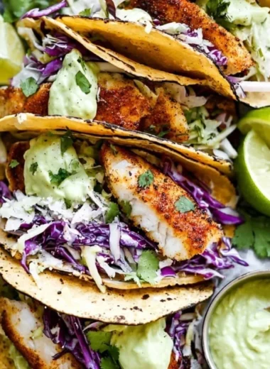 Delicious blackened fish tacos served with fresh avocado cream sauce.