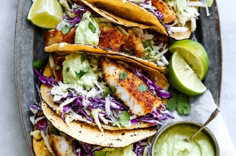 Delicious blackened fish tacos served with fresh avocado cream sauce.