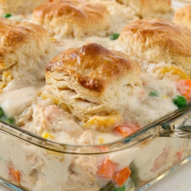 Delicious cozy chicken pot pie casserole served in a baking dish