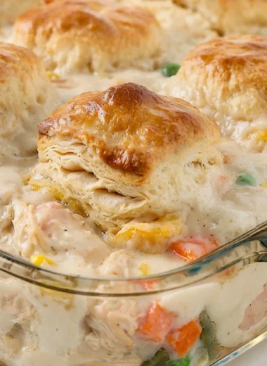 Delicious cozy chicken pot pie casserole served in a baking dish