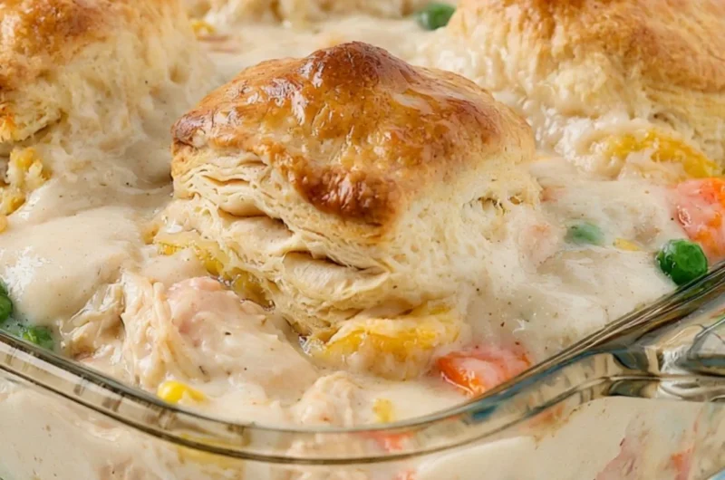 Delicious cozy chicken pot pie casserole served in a baking dish