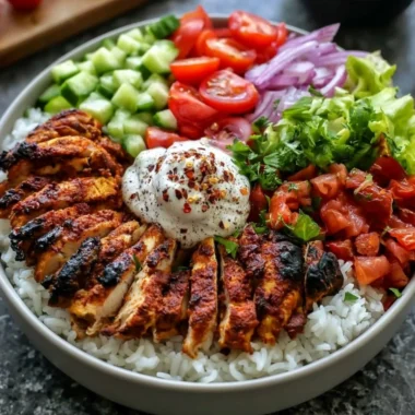 Cozy chicken shawarma bowl filled with fresh ingredients and spices