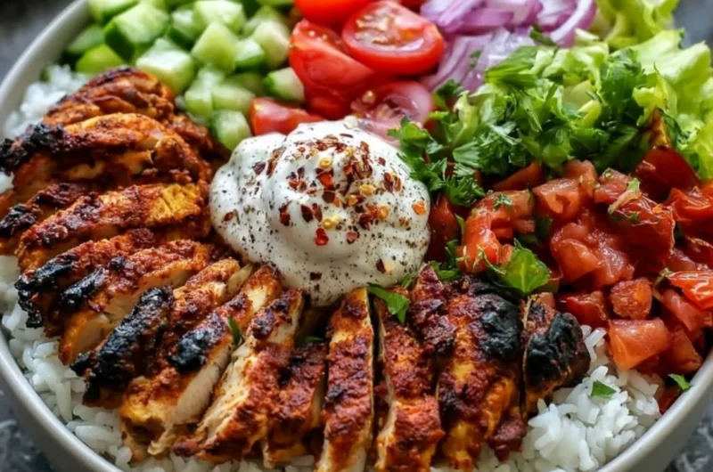 Cozy chicken shawarma bowl filled with fresh ingredients and spices