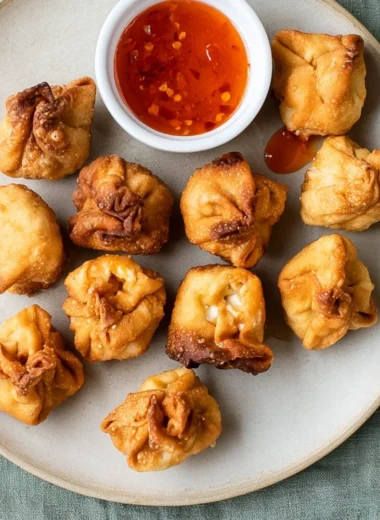 Delicious gluten-free crab rangoon appetizer served with dipping sauce.