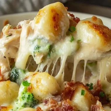 Cozy Loaded Chicken Alfredo Gnocchi Bake topped with herbs and cheese