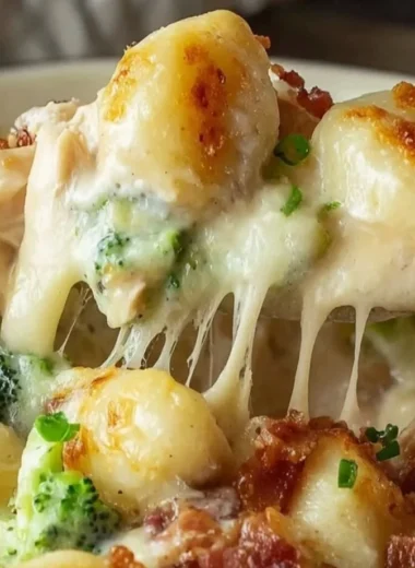 Cozy Loaded Chicken Alfredo Gnocchi Bake topped with herbs and cheese