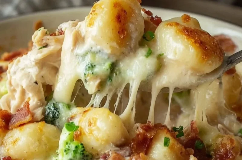 Cozy Loaded Chicken Alfredo Gnocchi Bake topped with herbs and cheese