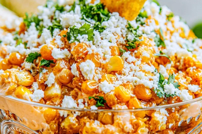 Delicious Mexican street corn dip served in a bowl with toppings