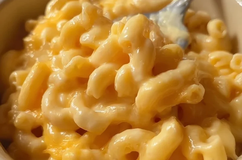 Cozy microwave macaroni and cheese in a bowl, topped with melted cheese.