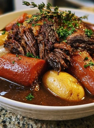Delicious slow cooker pot roast with vegetables in a warm setting