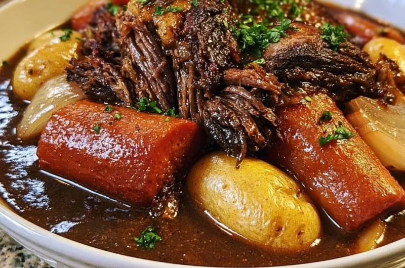 Delicious slow cooker pot roast with vegetables in a warm setting