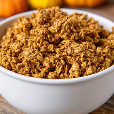 Bowl of homemade pumpkin spice granola topped with nuts and dried fruits