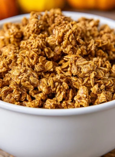 Bowl of homemade pumpkin spice granola topped with nuts and dried fruits