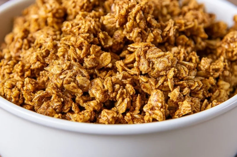 Bowl of homemade pumpkin spice granola topped with nuts and dried fruits