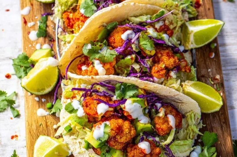 Cozy vegan cauliflower tacos served with fresh toppings and avocados