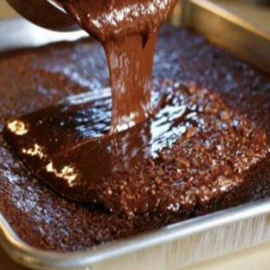 Cozy warm chocolate sheet cake topped with chocolate frosting