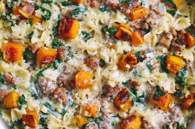 Creamy butternut squash pasta dish with sausage and spinach garnished with herbs.