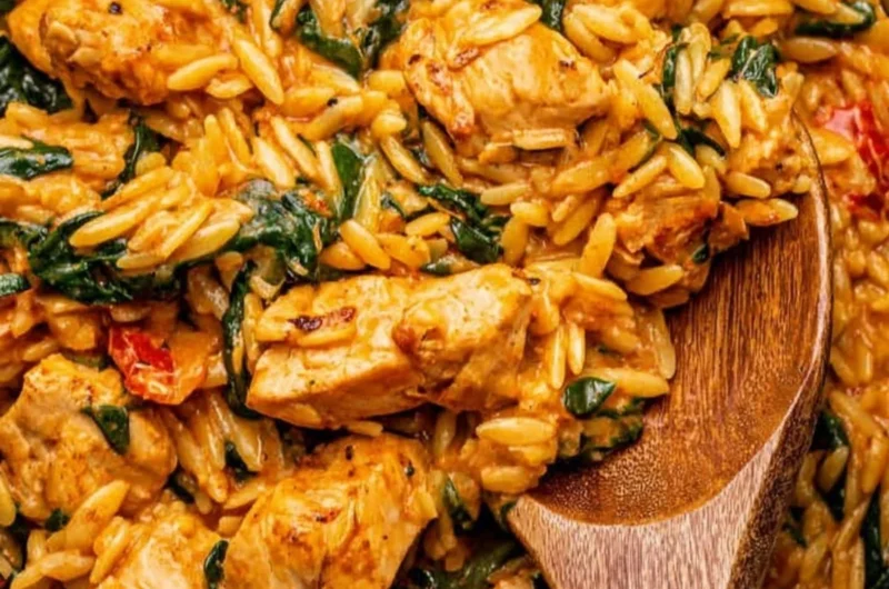 Creamy Cajun Chicken Orzo dish with vibrant spices and tender chicken