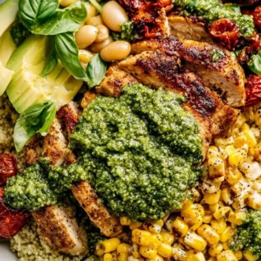 Delicious pesto chicken garnished with fresh basil and served on a plate