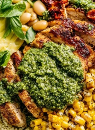 Delicious pesto chicken garnished with fresh basil and served on a plate
