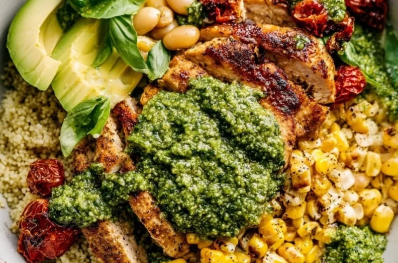 Delicious pesto chicken garnished with fresh basil and served on a plate