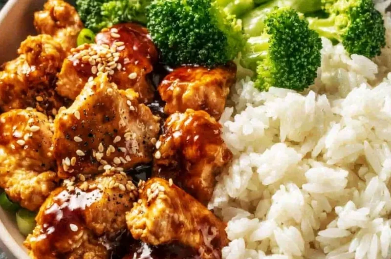 Delicious Dump-and-Go Crockpot Teriyaki Chicken served with rice and vegetables