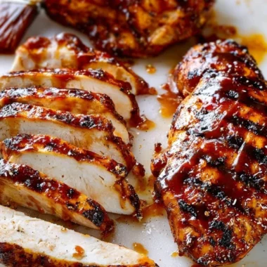 Grilled BBQ chicken glazed with sauce on a grill plate