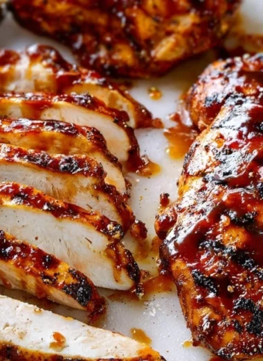 Grilled BBQ chicken glazed with sauce on a grill plate