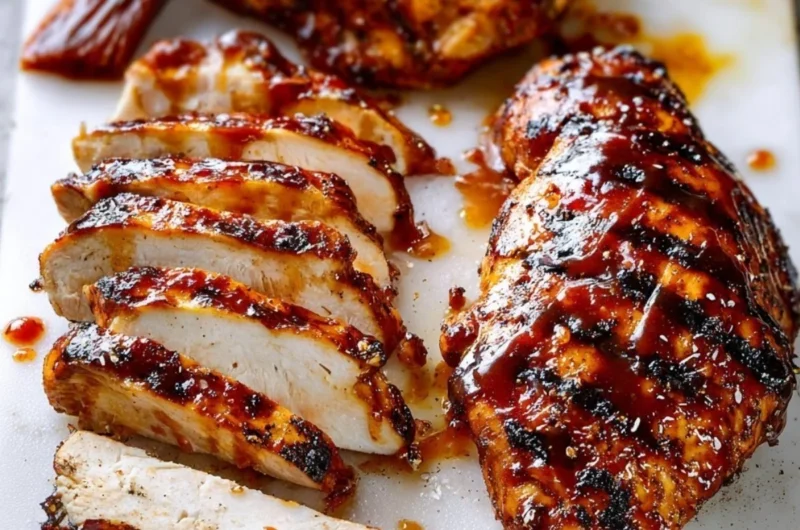 Grilled BBQ chicken glazed with sauce on a grill plate