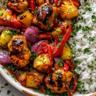 Hawaiian Chicken Sheet Pan with colorful veggies and pineapple