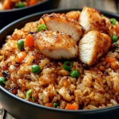 High protein crispy garlic chicken fried rice served in a bowl with vegetables
