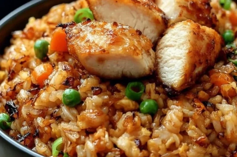 High protein crispy garlic chicken fried rice served in a bowl with vegetables