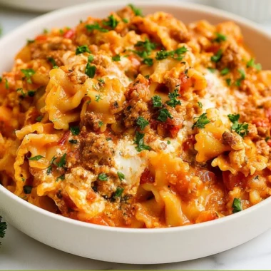 Instant Pot Lazy Lasagna served with fresh basil and cheese on top