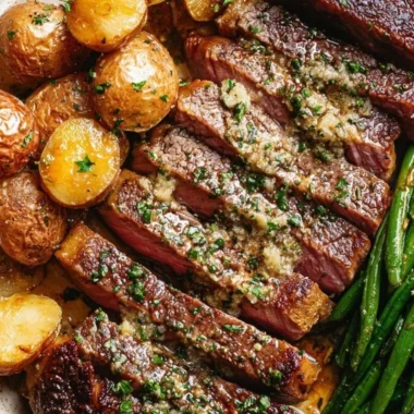 Oven roasted rib-eye steak served on a plate with herbs and sides