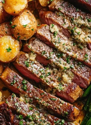 Oven roasted rib-eye steak served on a plate with herbs and sides