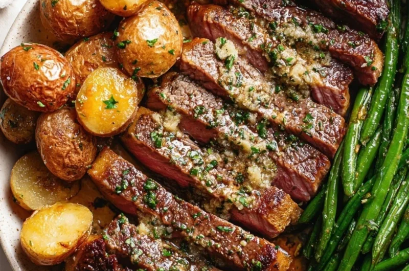 Oven roasted rib-eye steak served on a plate with herbs and sides