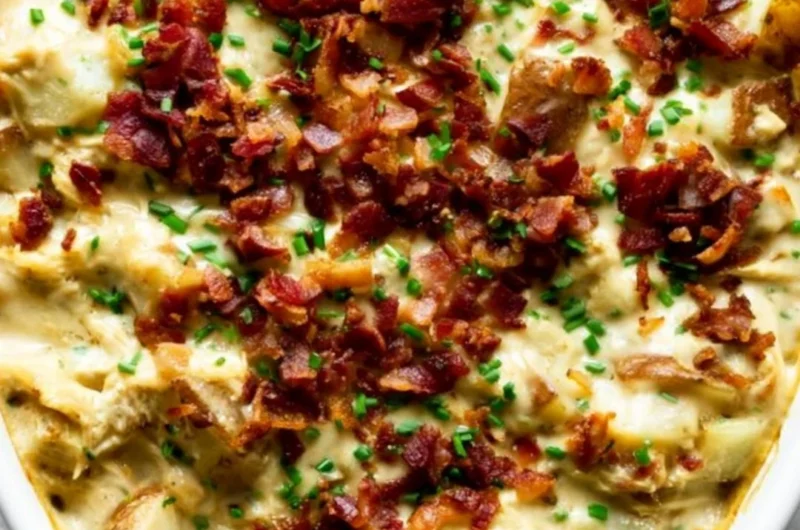 Savory creamy chicken potato casserole served in a baking dish.