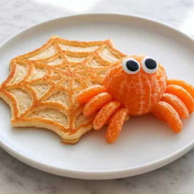 Plate of Spiderweb Pancakes drizzled with syrup and decorated for Halloween.