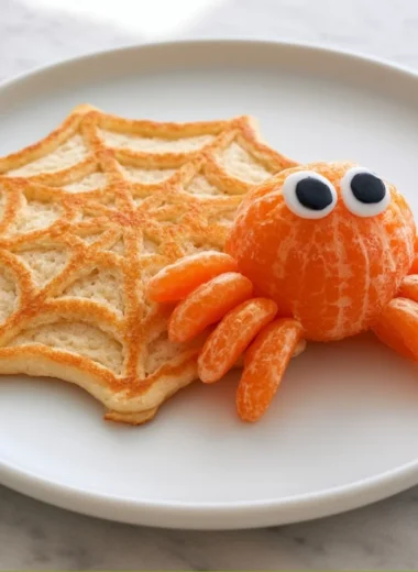 Plate of Spiderweb Pancakes drizzled with syrup and decorated for Halloween.