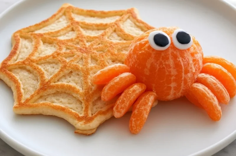 Plate of Spiderweb Pancakes drizzled with syrup and decorated for Halloween.