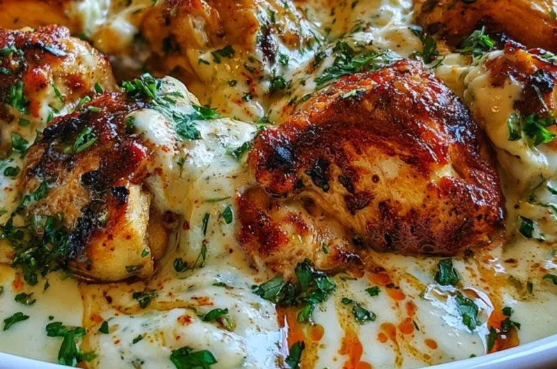 Turkish chicken served with creamy white sauce on a plate